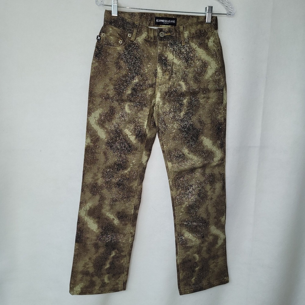 Express Jeans Pants Womens 3/4 Gold Metallic Camo Abstract Stretch Straight Leg‎